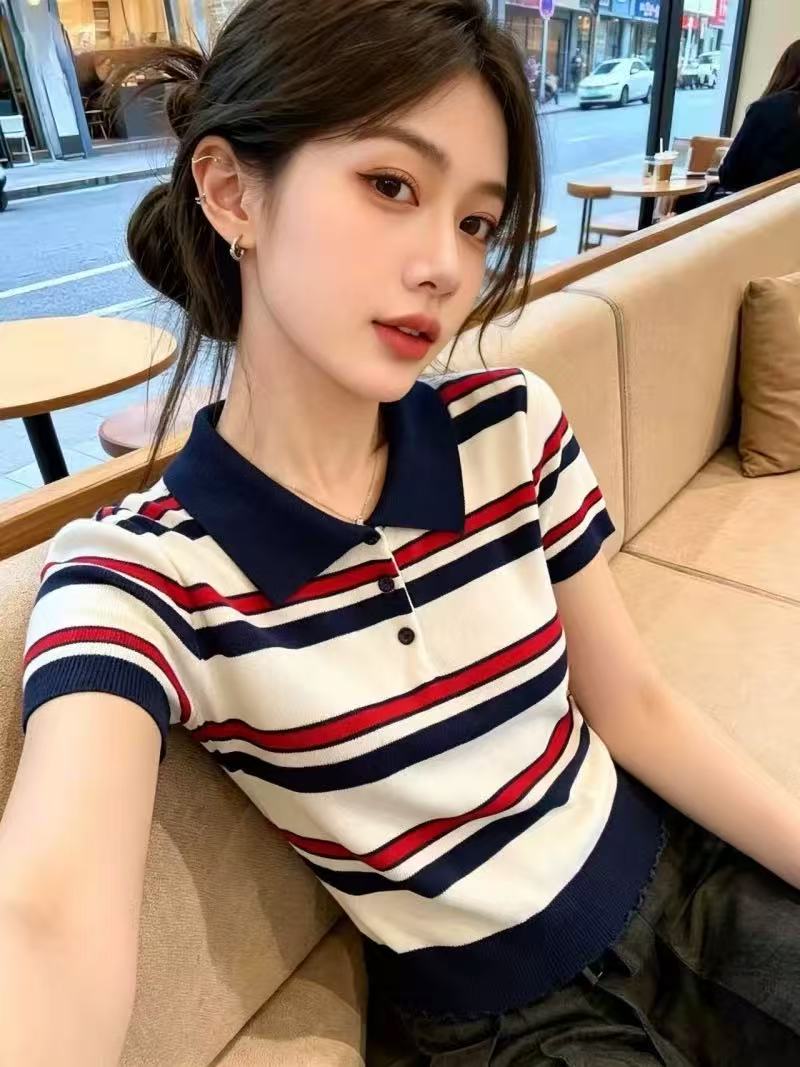 보존 섹션 추천 한 부서 레트로 배색 스트라이프 니트 스웨터 여성 여름 학원 스타일 패션 POLO 칼라 맨위