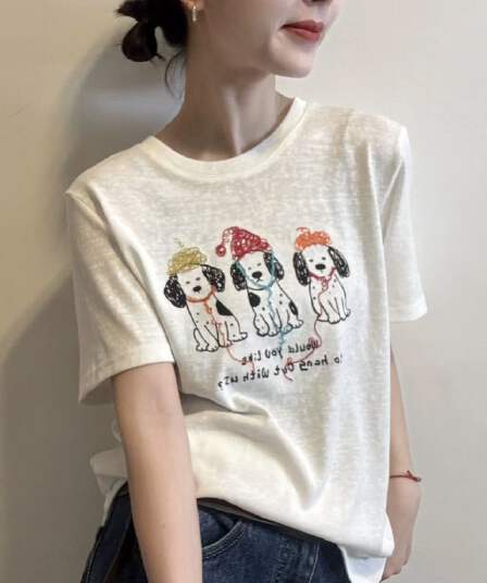 만화 귀여운 모자 착용 강아지 프린트 반팔 티셔츠 여성 여름 새로운 라운드 넥 동정 기본 셔츠 인사이드 잡아라. 의류