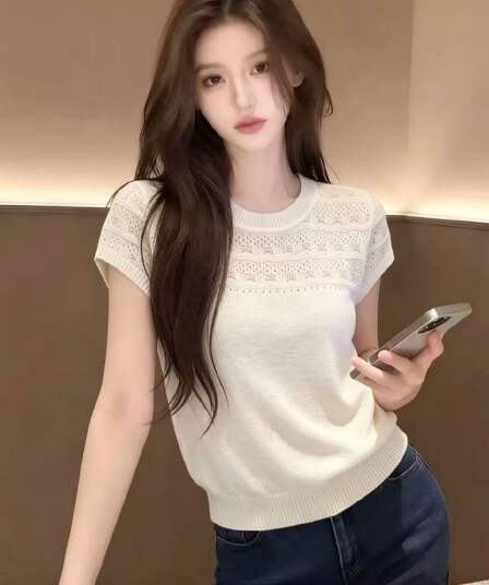 디자인 센스 자수 홀로우 아웃 라운드 넥 니트 반팔 여성 여름 2026 새로운 캐주얼 다용도 얇은 스타일 니트 스웨터 맨위