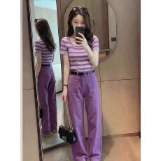 批发高级感洋气时尚紫色短袖套头条纹T