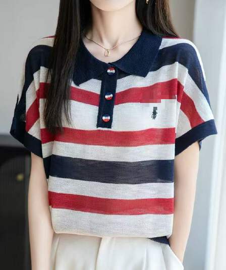 레트로 스트라이프 POLO 칼라 대나무 마디 마 니트 반팔 여성 2026 봄 여름 얇은 스타일 차가운 센스 배색 티셔츠 맨위