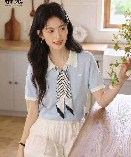 뮤 토끼 한 부서 스카프 POLO 칼라 반팔 니트 스웨터 여성 2026 여름 새로운 작은 키 캐주얼 얇은 스타일 맨위