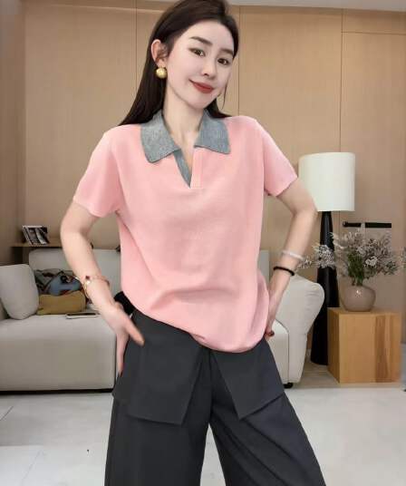 玖 위로 하나 玖 26 새로운 작은 대중 디자인 익스트림 제인 바람 배색 폴로 칼라 니트 반팔 티셔츠