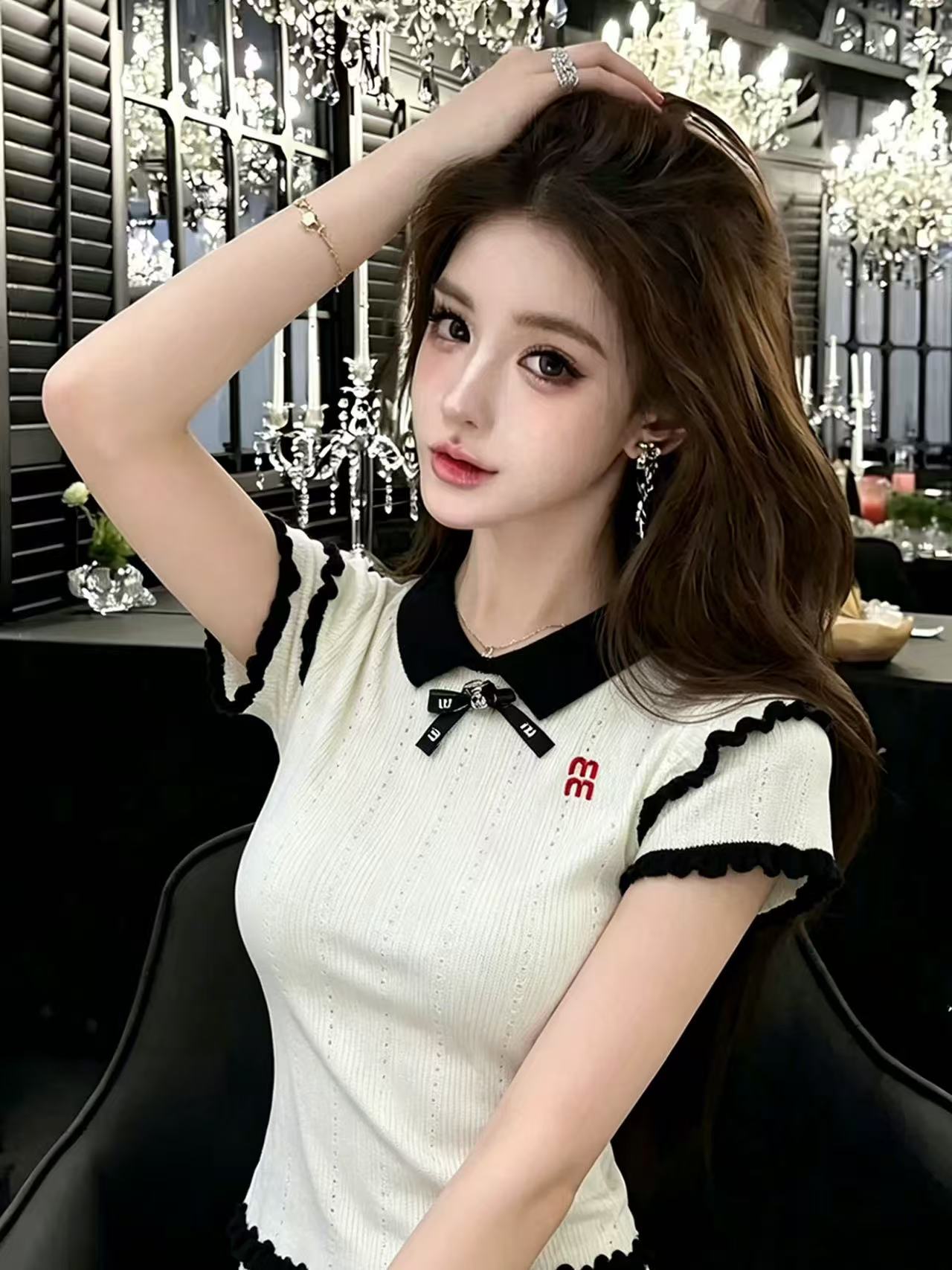 lym studio 프랑스식 배색 베이비 칼라 니트 반팔 여성 나비 매듭 몸매 가꾸기 슬림해 보이는 다용도 맨위