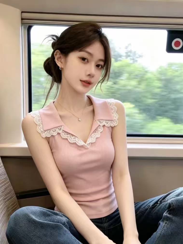 보존 섹션 추천 달콤한 핫걸 레이스 폴로 칼라 민소매 캐미솔 여름 새로운 연령 감소 외출용 맨위