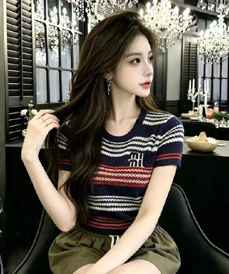 liheyu 한국 스타일 배색 스트라이프 라운드 넥 니트 스웨터 여성 여름 새로운 홀로우 아웃 알파벳 프린트 쇼트 스타일 맨위