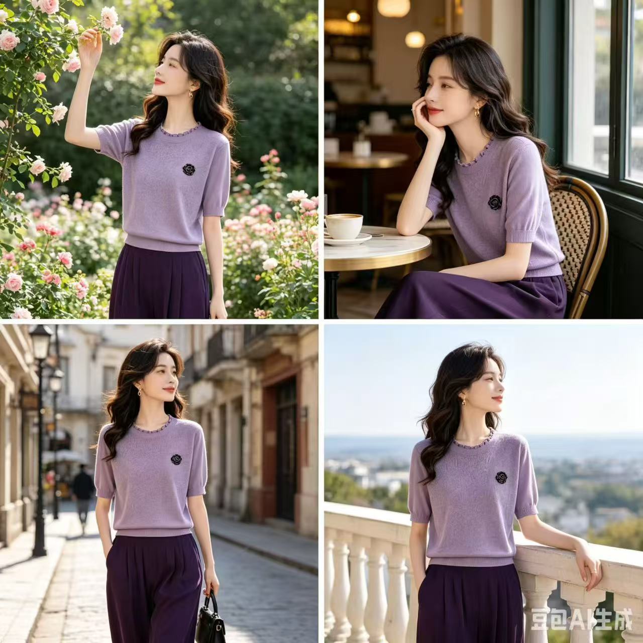 캐주얼 연령 감소 비즈 박기 나비 매듭 자수 반팔 여성 여름 새로운 슬림해 보이는 다용도 라운드 넥 풀오버 니트 맨위
