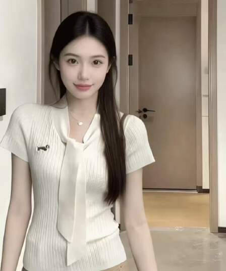 스카프 칼라 닥스 훈트 자수 니트 반팔 여성 여름 한 부서 쇼트 스타일 다용도 몸매 가꾸기 슬림해 보이는 티셔츠 맨위 nis