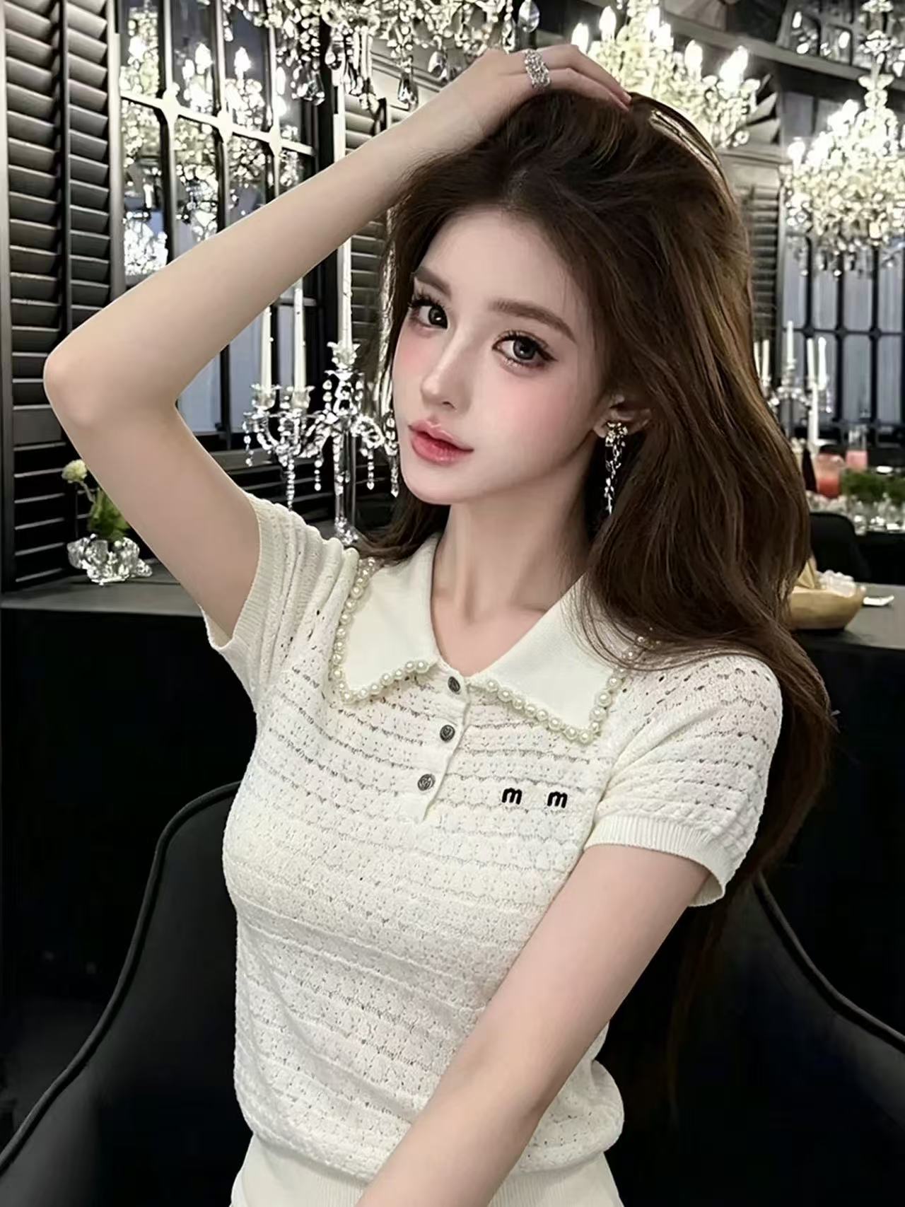 lym studio 작은 샤넬 스타일 무거운 작업 진주 칼라 홀로우 아웃 니트 POLO 셔츠 여성용 짧은 소매 품격 맨위