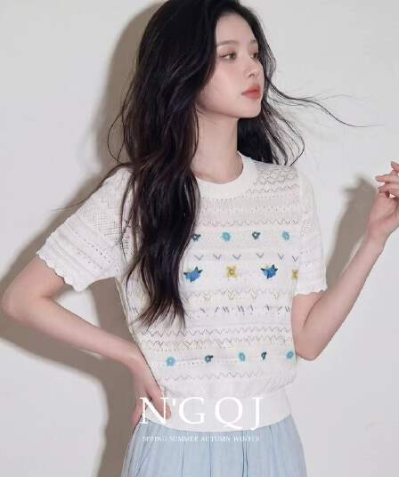 2026 슈퍼 화재 연령 감소 빛 산소 센스 자수 꽃 얼음 실크 니트 반팔 티셔츠 여성 여름 얇은 스타일 아름다운 맨위
