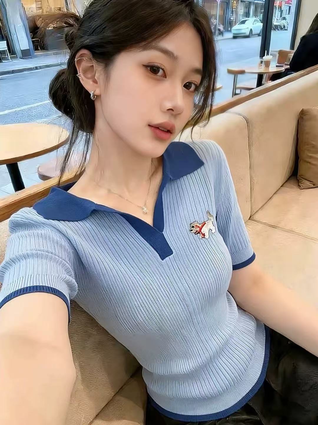 한국 동대문 파란색 만화 자수 POLO 칼라 얼음 실크 니트 반팔 티셔츠 여름 외국 가스 연령 감소 맨위