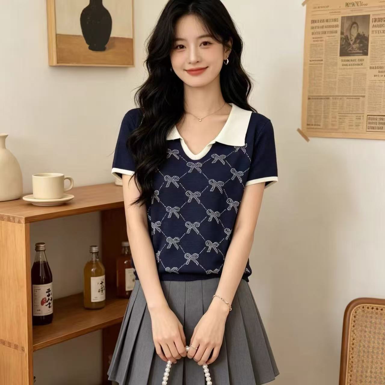 학원 스타일 해군 배색 POLO 칼라 니트 반팔 여성 여름 나비 매듭 링 그리드 몸매 가꾸기 슬림해 보이는 다용도 맨위