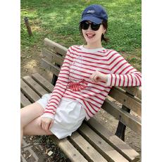 批发红色条纹卡通印花<b class='q'>长袖</b>防晒t恤女夏季空调罩衫宽松休闲百搭薄上衣