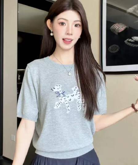 ziyi 강아지 자카드 라운드 넥 연령 감소 반팔 니트 스웨터 여성 여름 다용도 캐주얼 맨위 zz-0202