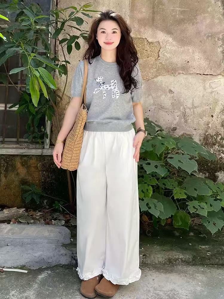 한 부서 만화 강아지 자수 반팔 니트 스웨터 여성 자이언트 잘 생긴 ~ 중 캐주얼 연령 감소 학원 스타일 쇼트 스타일 맨위 트렌디