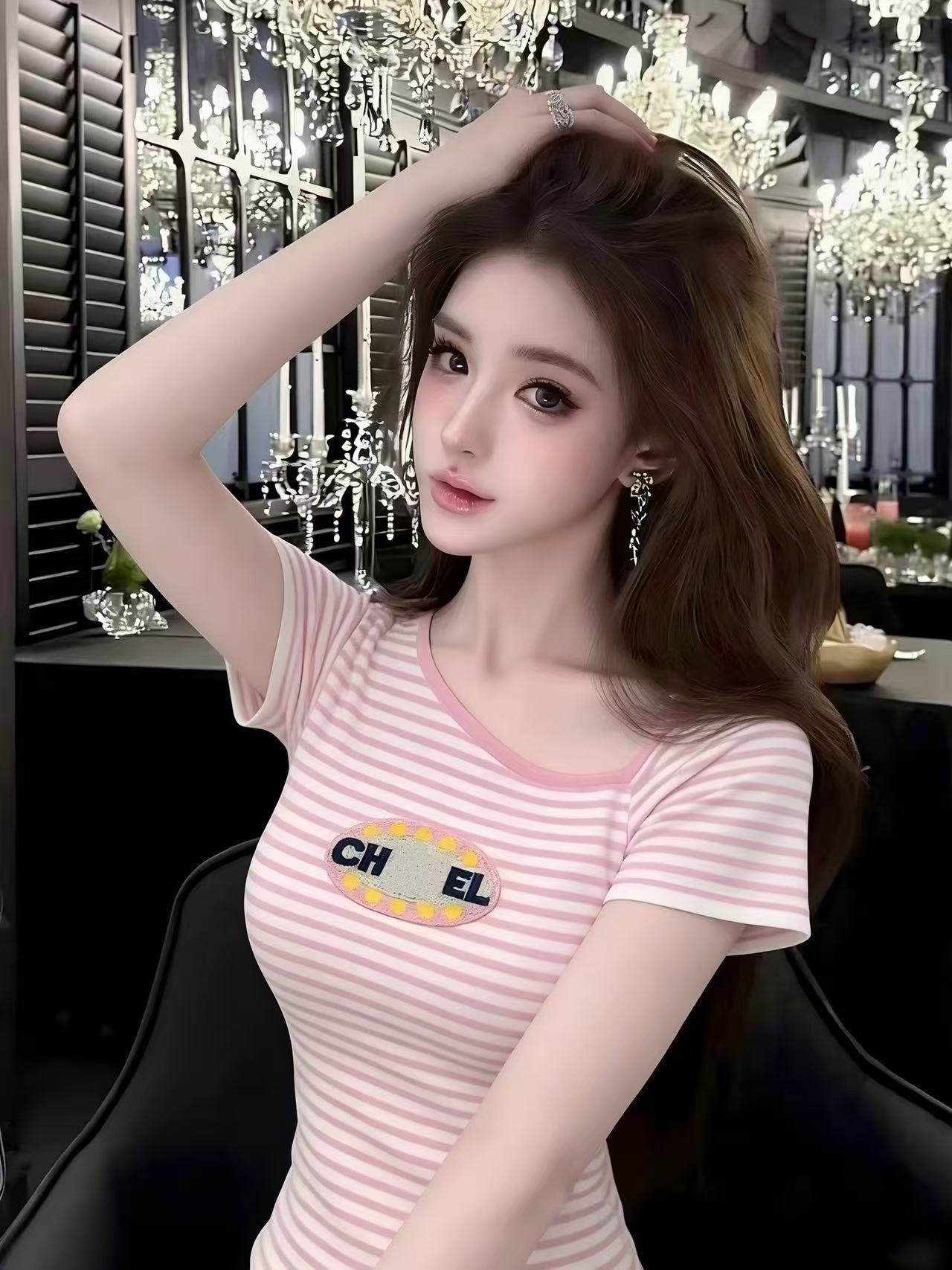 lym studio 핑크색 스트라이프 반팔 티셔츠 여성 몸매 가꾸기 허리 수축 알파벳 패치 비스듬한 어깨 니트 맨위
