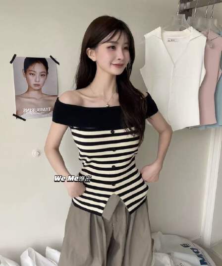 weme 여름 새로운 세련된 오프숄더 반팔 티셔츠 여성 몸매 가꾸기 오프숄더 핫걸 트임 니트 스웨터 맨위 여성
