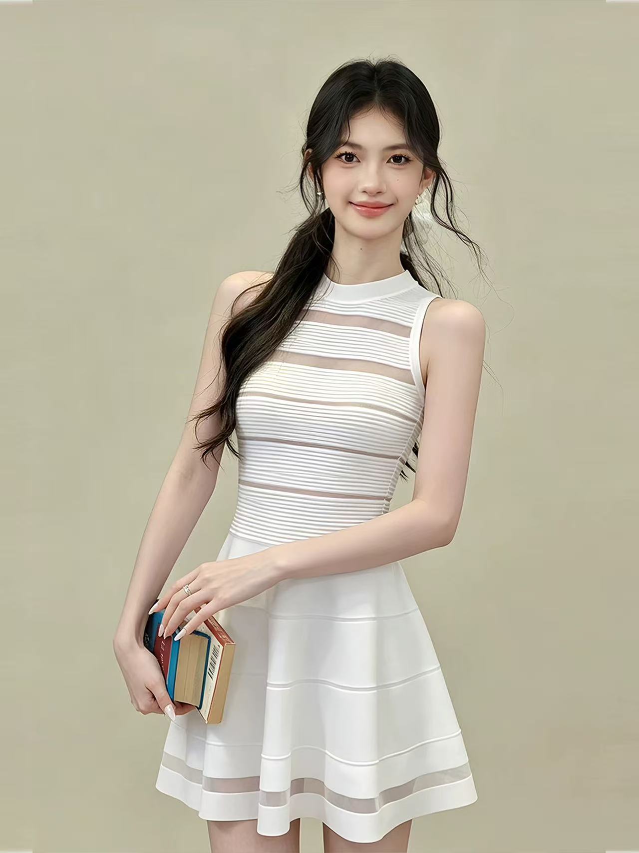 한 부서 레트로 그는 벤 바람 검정색 망사 홀로우 아웃 민소매 드레스 디자인 센스 꼬집기 허리 한 마디 작은 치마 26 여름