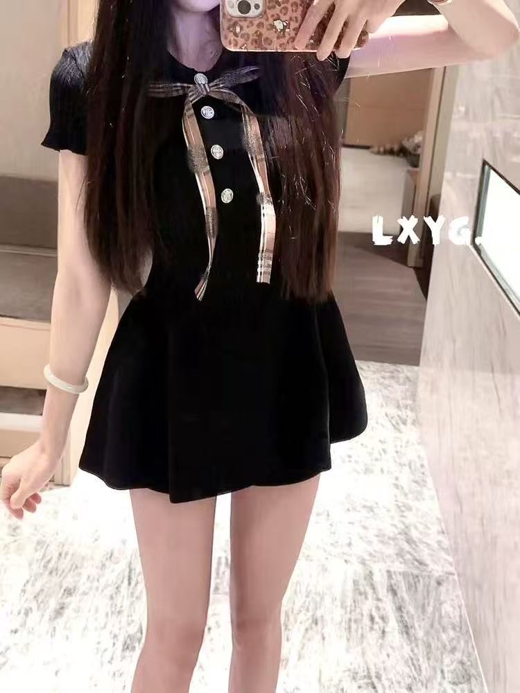 2026 봄 여름 새로운 학원 POLO 칼라 나비 매듭 몸매 가꾸기 니트 꽃밭 맨위 lxyg 프랑스식 허리 수축 미니 스커트