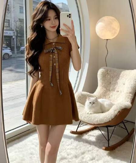 그는 벤 바람 POLO 칼라 허리 수축 니트 여성 드레스 2026 여름 새로운 나비 매듭 슬림해 보이는 고급 센스 미니 스커트