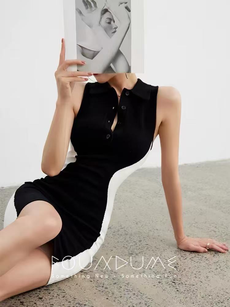 foundume POLO 칼라 흑인과 백인 배색 패치워크 쇼트 스타일 몸매 가꾸기 허리 수축 슬림해 보이는 타이트 스커트 니트 드레스