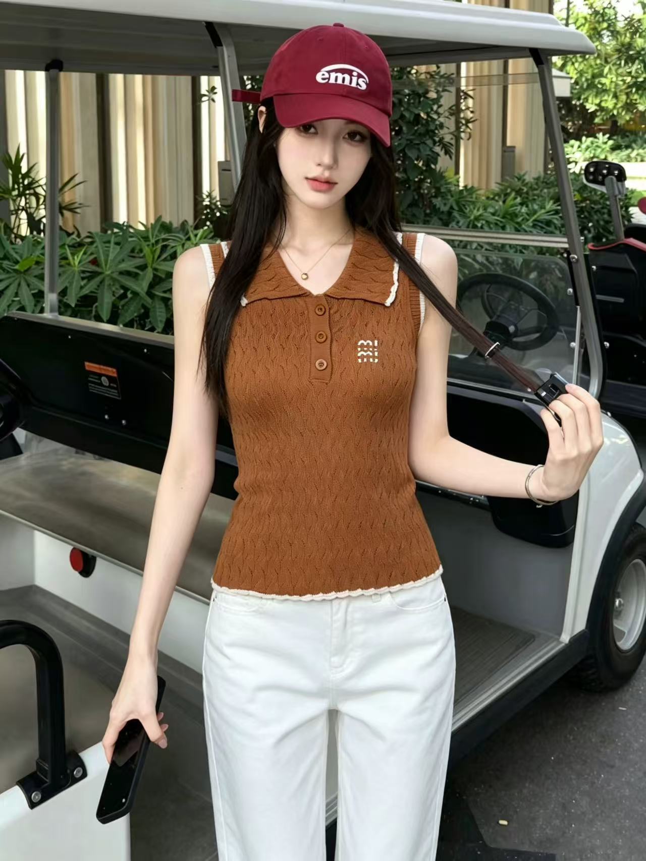 liheyu 프랑스식 배색 측면 POLO 칼라 니트 여성 여름 몸매 가꾸기 슬림해 보이는 빛 럭셔리 바람 품격 민소매 조끼