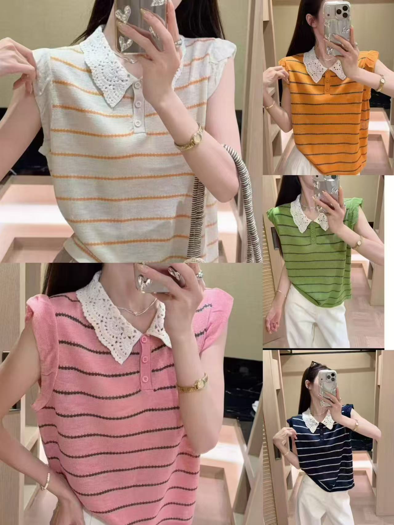 한 부서 산소 센스 자수 폴로 칼라 스트라이프 민소매 POLO 셔츠 여성 여름 새로운 품격 슬림해 보이는 다용도 맨위