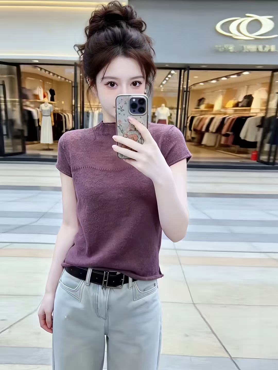 프랑스식 보라색 반하이넥 반팔 니트 스웨터 여성 여름 빅 사이즈 지방 mm 슬림해 보이는 얇은 스타일 고급 센스 외국 가스 맨위