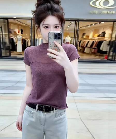 프랑스식 보라색 반하이넥 반팔 니트 스웨터 여성 여름 빅 사이즈 지방 mm 슬림해 보이는 얇은 스타일 고급 센스 외국 가스 맨위