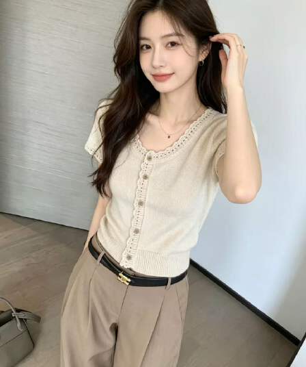 오래된 돈 바람 레이스 니트 반팔 티셔츠 여성 여름 디자인 센스 작은 대중 몸매 가꾸기 쇼트 스타일 긍정적 인 어깨 작은 키 맨위