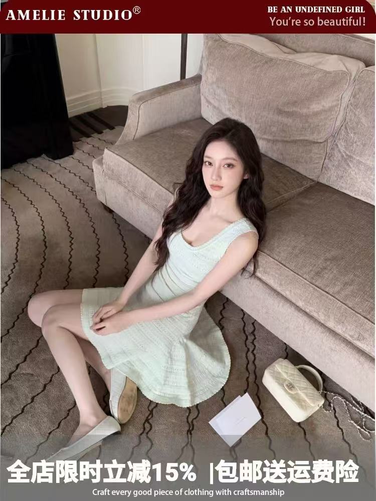 녹색 u 칼라 홀로우 아웃 니트 슬립 여성 드레스 여름 한 부서 순수한 욕망 부드러운 품격 허리 수축 한 마디 짧은 치마