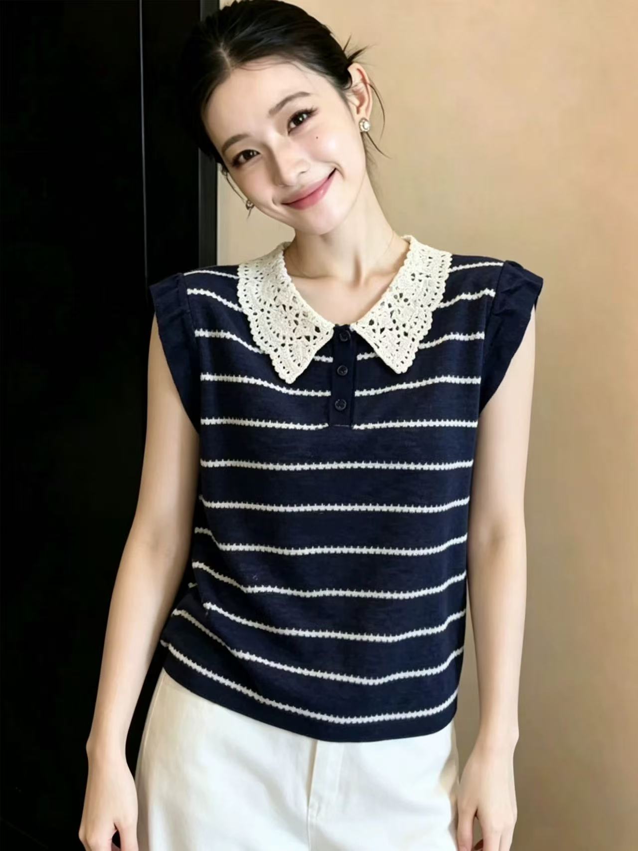 프랑스식 배색 스트라이프 홀로우 아웃 레이스 폴로 칼라 니트 스웨터 여성 여름 새로운 루즈핏 슬림해 보이는 다용도 민소매 맨위