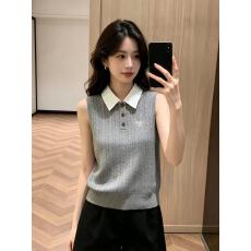 批发Ada JOJO巨好看的老钱风无袖翻领针织背心女夏季麻花纹理韩系上衣