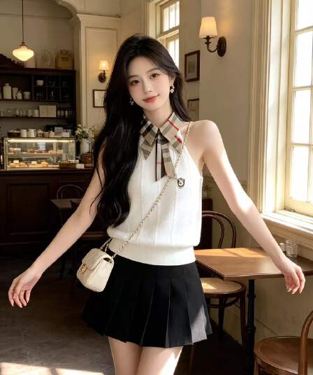 한 부서 핫걸 바람 패션 디자인 센스 체크무늬 폴로 칼라 행침 목 니트 조끼 몸매 가꾸기 민소매 출퇴근 맨위 여름