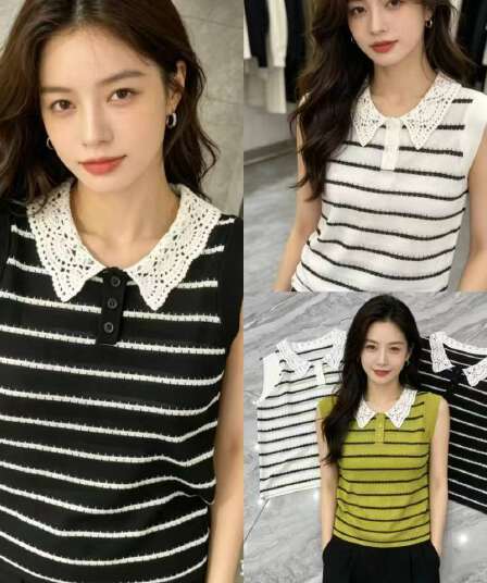 배색 스트라이프 자수 홀로우 아웃 폴로 칼라 니트 스웨터 여성 2026 새로운 여름 외국 가스 연령 감소 작은 날다 소매 맨위 여성