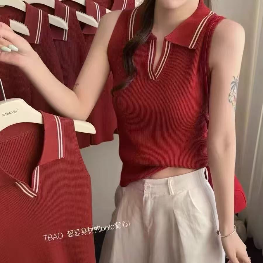 유럽 상품 패션 품격 몸매 가꾸기 니트 스웨터 V넥 민소매 조끼 여름 새로운 다용도 POLO 칼라 티셔츠 맨위 여성