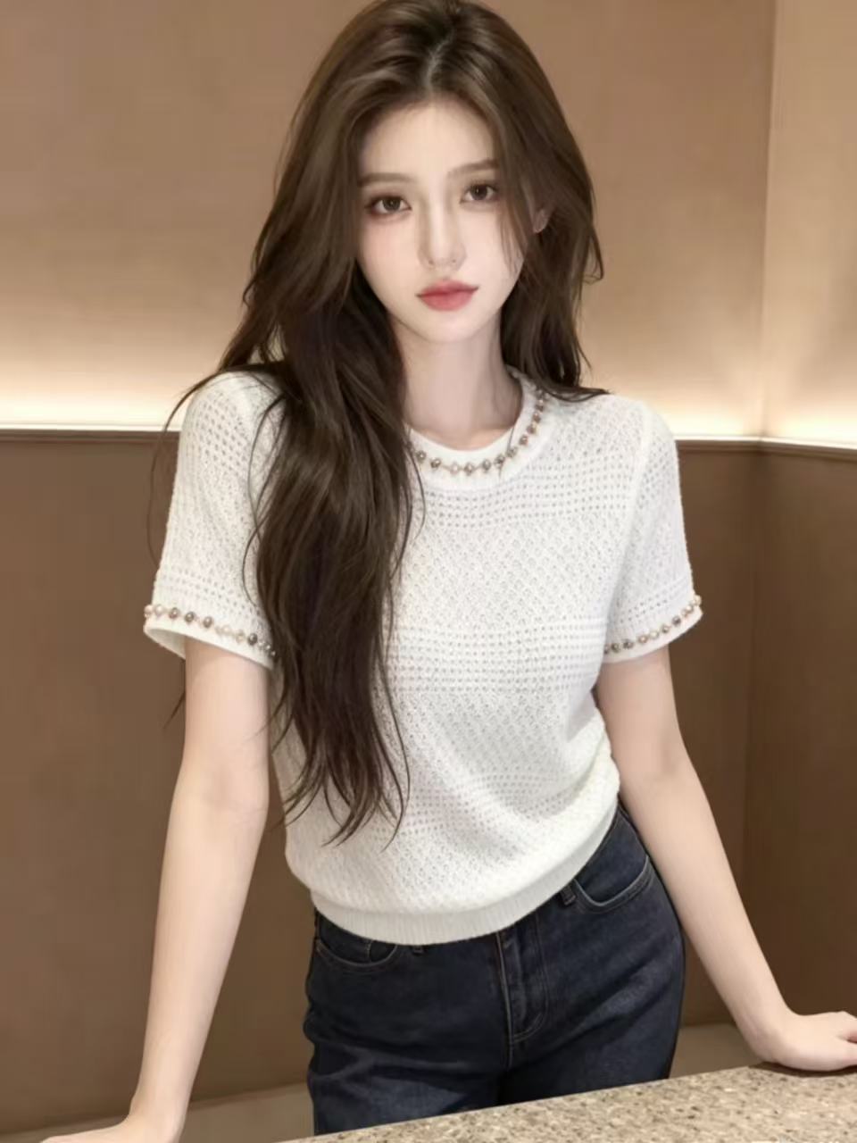 화이트 반팔 니트 스웨터 여자 2026 새로운 여름 고급 센스 여성 슈퍼 잘 생긴 홀로우 아웃 얇은 스타일 맨위 서비스