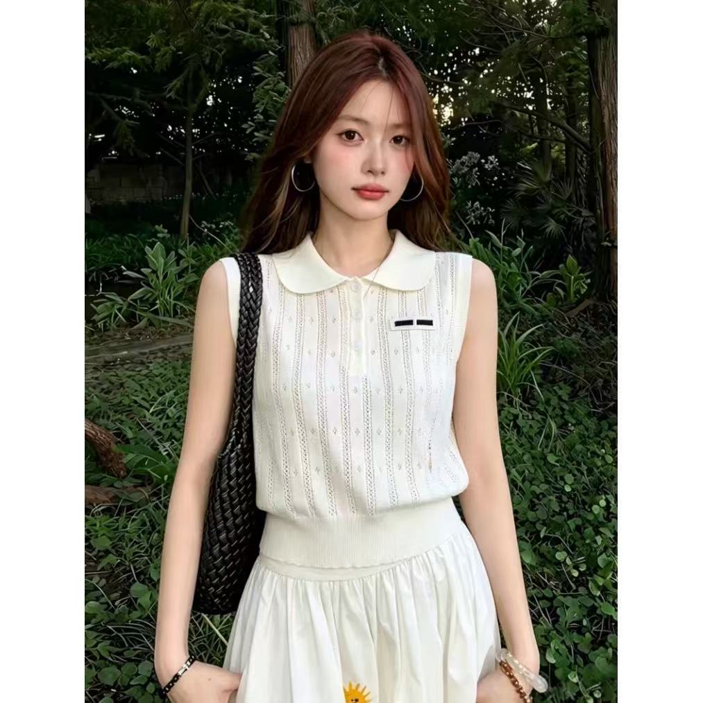 보존 섹션 추천 작은 샤넬 스타일 POLO 칼라 홀로우 아웃 민소매 조끼 여성 여름 새로운 품격 얇은 스타일 다용도 맨위