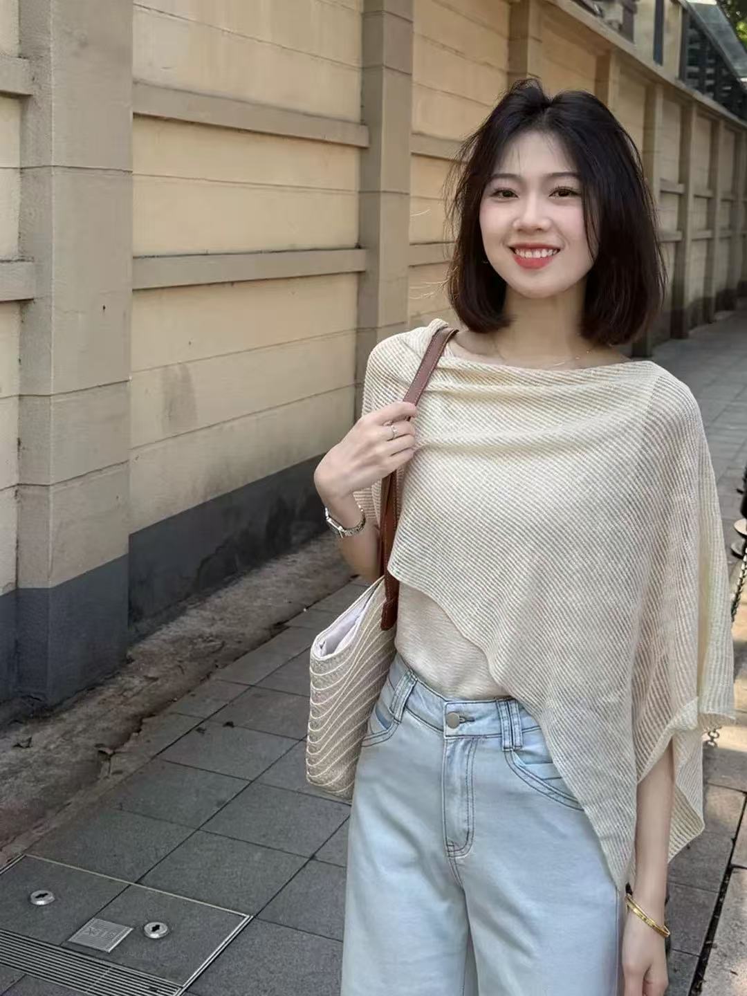 오래된 돈 바람 착용 가져 가라. 페이크 레이어드 얼음 실크 반팔 니트 스웨터 여성 여름 루즈핏 얇고 가벼운 통기성 망토 숄 맨위