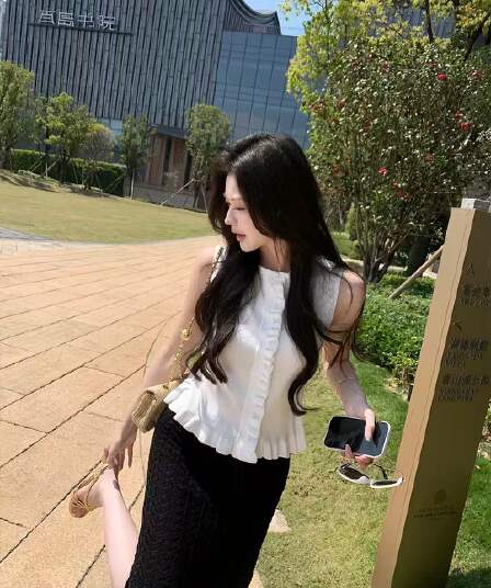maven lin 동적 미적 감각 우아함 프릴 니트 민소매 조끼 여성 외출용 몸매 가꾸기 긍정적 인 어깨 의류