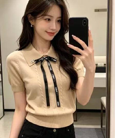 간결한 출퇴근 허리 수축 POLO 칼라 반팔 니트 26 여름 새로운 여성 프랑스식 탈착식 스트랩 맨위