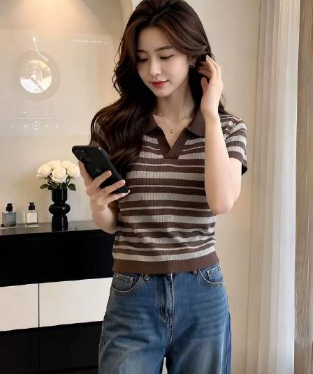 브라운 스트라이프 POLO 칼라 몸매 가꾸기 반팔 티셔츠 여성 2026 여름 디자인 센스 작은 대중 아니요 명중 섹션 긍정적 인 어깨 의류