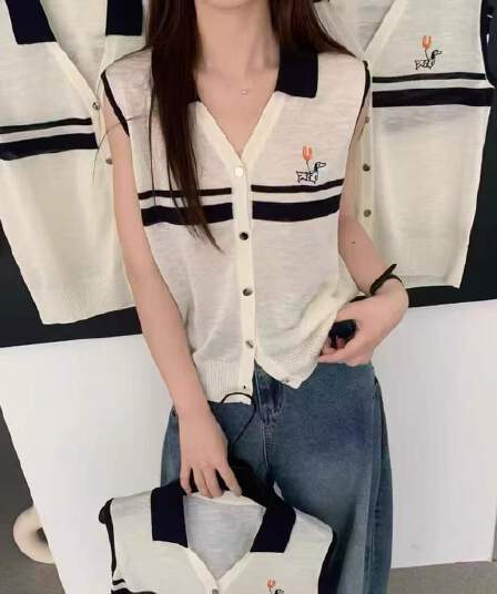 한 부서 강아지 자수 폴로 칼라 민소매 니트 오픈 가디건 여성 유럽 상품 여름 새로운 고급 센스 다용도 슬림해 보이는 맨위