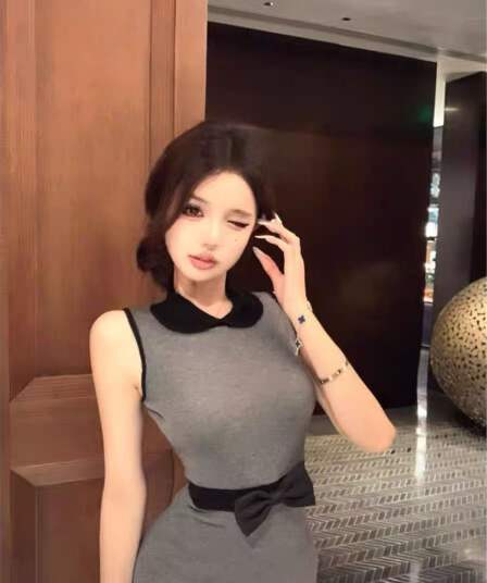 나비 매듭 배색 베이비 칼라 민소매 여성 드레스 여름 몸매 가꾸기 조끼 치마 품격 허리 수축 타이트 스커트 미니 스커트
