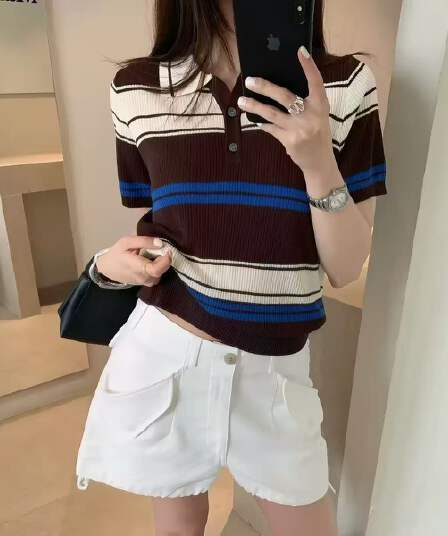 유럽 상품 디자인 센스 여름 패션 배색 POLO 칼라 스트라이프 니트 스웨터 반팔 슬림해 보이는 니트 티셔츠 여성 셔츠