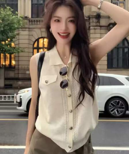 오래된 돈 바람 POLO 칼라 니트 조끼 여자 여름 민소매 단추 품격 고급 센스 빛 요리 한 바람 슬림해 보이는 다용도 맨위