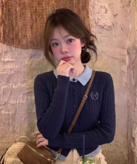 한 부서 학원 스타일 페이크 레이어드 배색 POLO 칼라 긴팔 니트 오픈 가디건 여성 이른 가을 새로운 품격 캐주얼 맨위