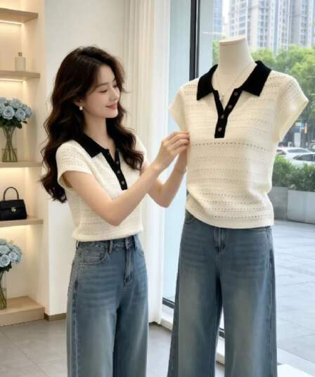 여름 새로운 한 부서 패션 품격 고급 슬림해 보이는 폴로 칼라 반팔 니트 티셔츠 홀로우 아웃 맨위 여성 의류 폭발