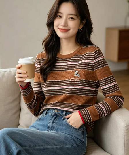 용 안녕하세요. 어린이 니트 티셔츠 여성 복잡한 고대 돈 바람 패션 배색 스트라이프 POLO 칼라 몸매 가꾸기 반팔 z385