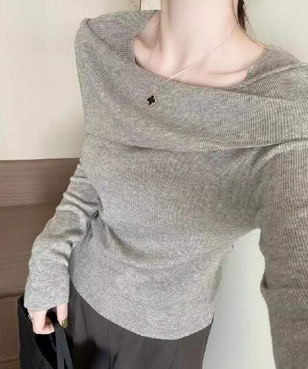 프랑스식 부드러운 품격 몸매 가꾸기 보트넥 비스듬한 어깨 스웨터 기본 셔츠 여성 봄 가을 패션 인사이드 가져 가라. 슬림해 보이는 긴팔